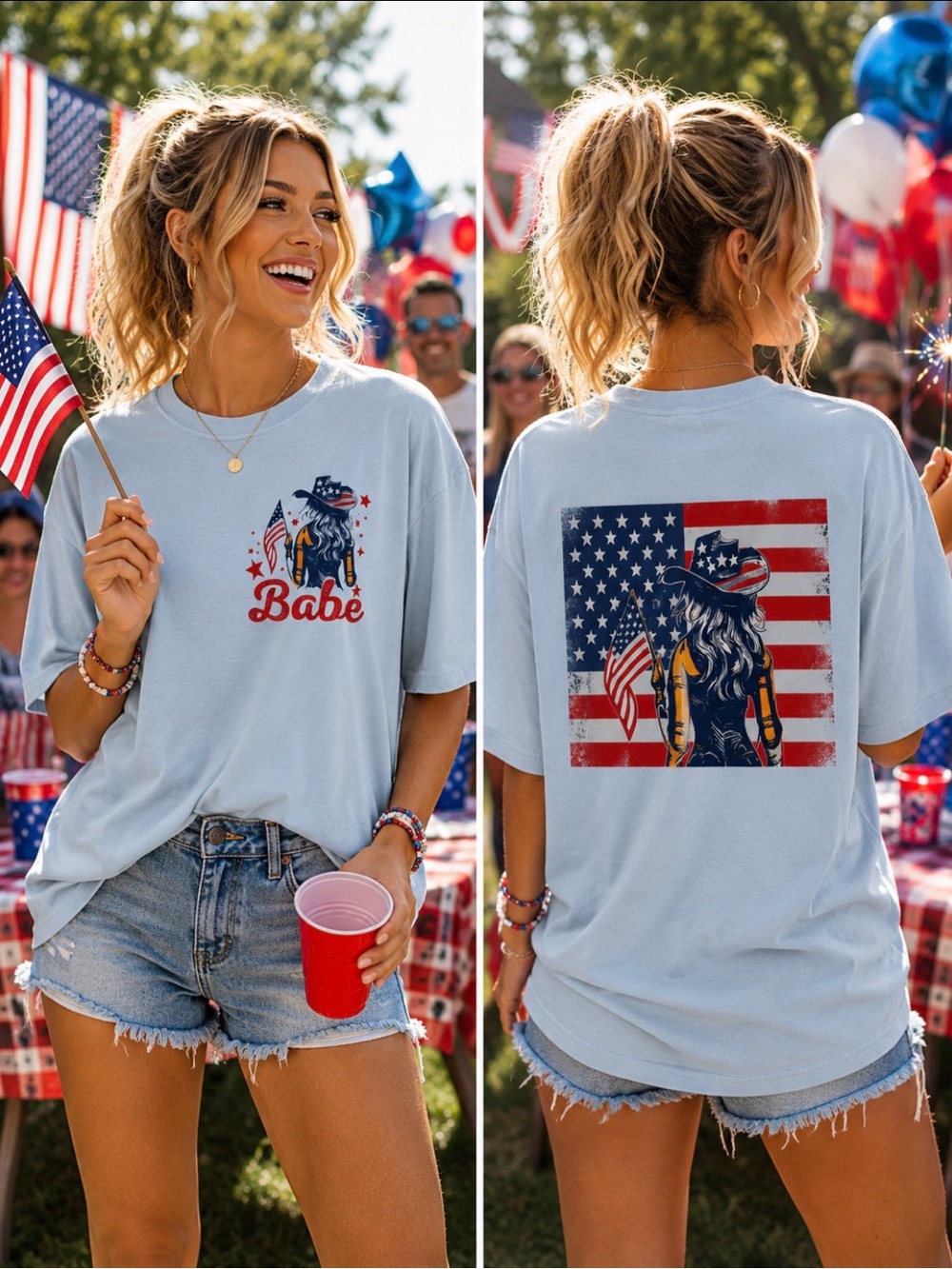 Light Blue 'Babe' American Flag Graphic Short Sleeve Tee